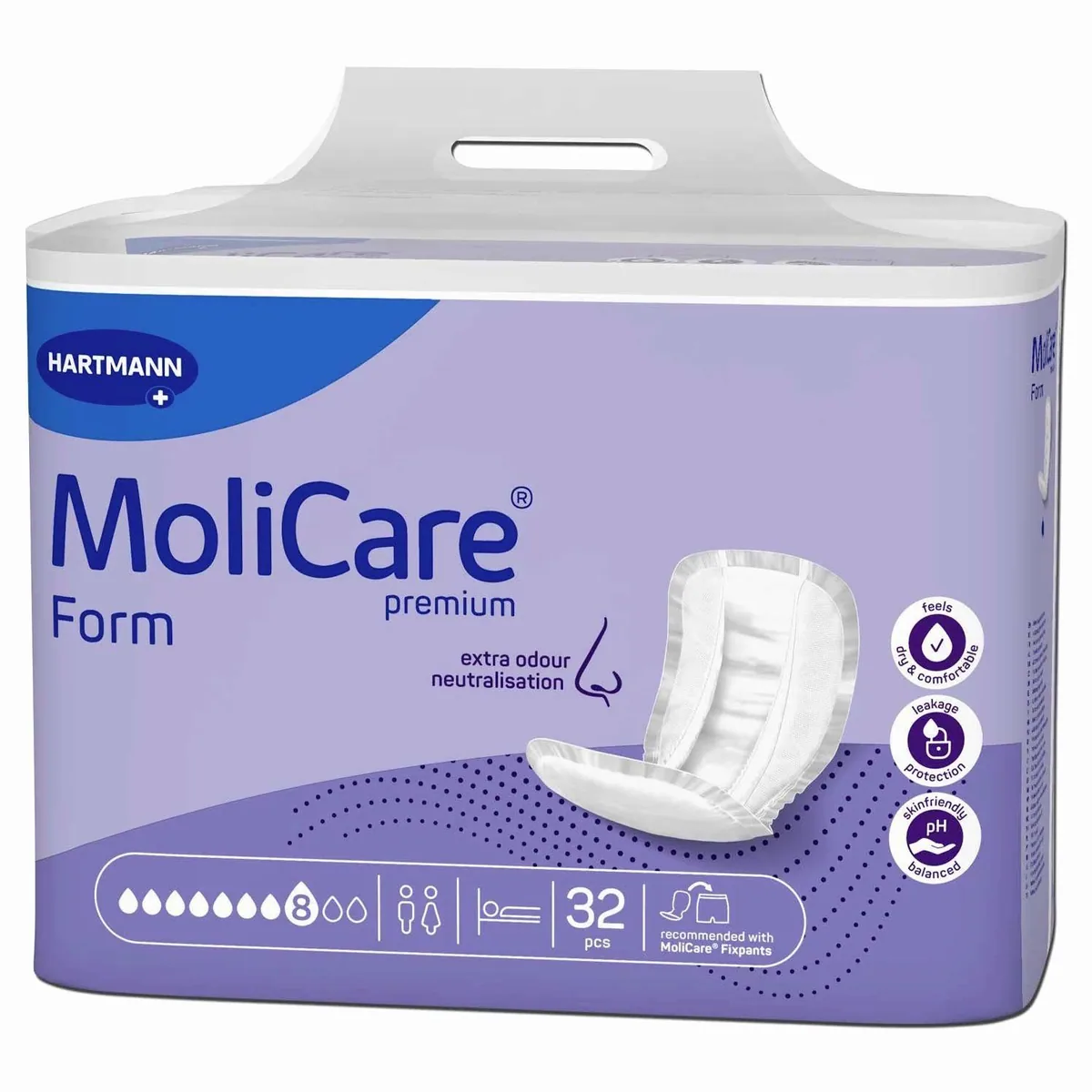 MoliCare Premium Form 8 Tropfen, anatomische Inkontinenzvorlagen, 32 Stück — sofort trocken, hoher Auslaufschutz, pH-hautneutral